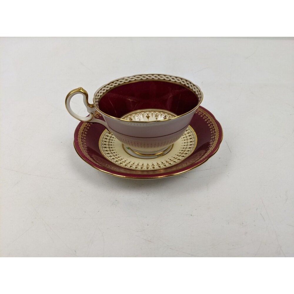 Aynsley Hatfield Desboroug Maroon Red Tea Cup & Saucer Set Rose Assorted Flowers